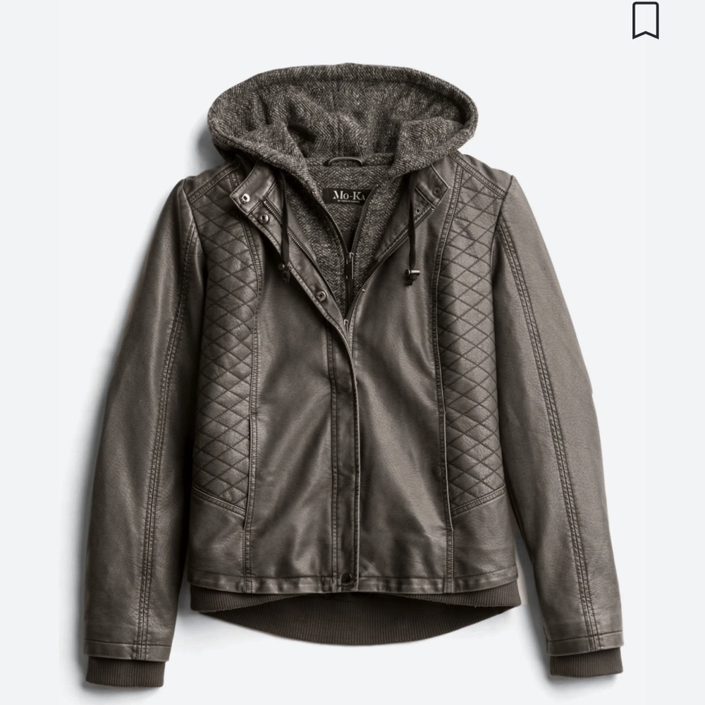 MO-KA - (Dark Grey) Meriam Knit Hood Faux Leather Jacket